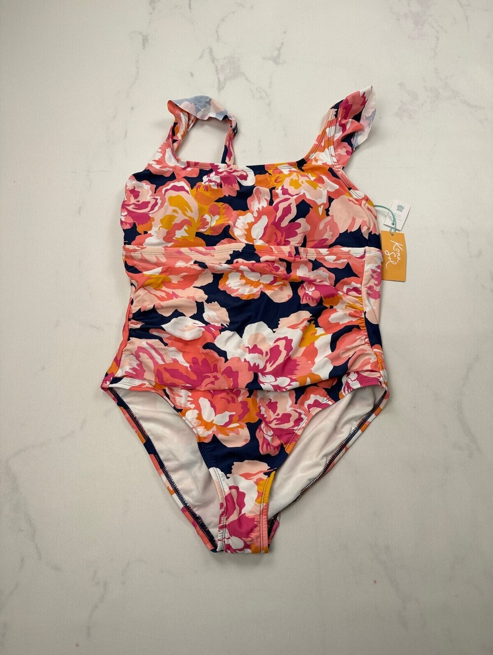 Kona Sol Printed Swimsuit Navy Pink Modern Romantic - Womens 14 NWT